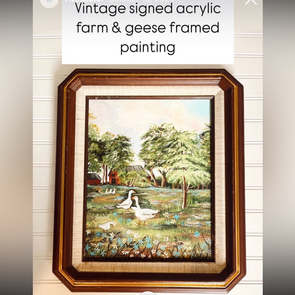Vintage Farm Scene Painting with Geese